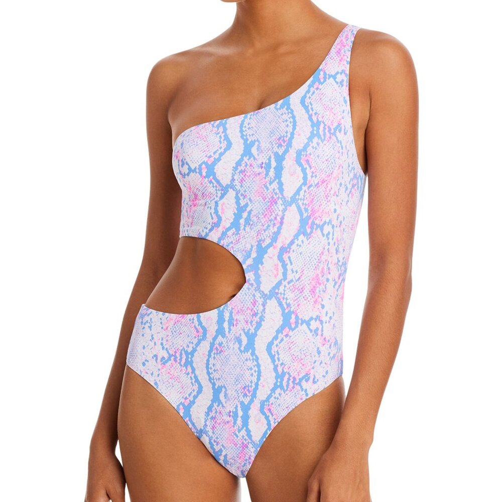 AQUA Swim Snake Print One Shoulder Cutout One Piece Swimsuit Women's Pink B4HP